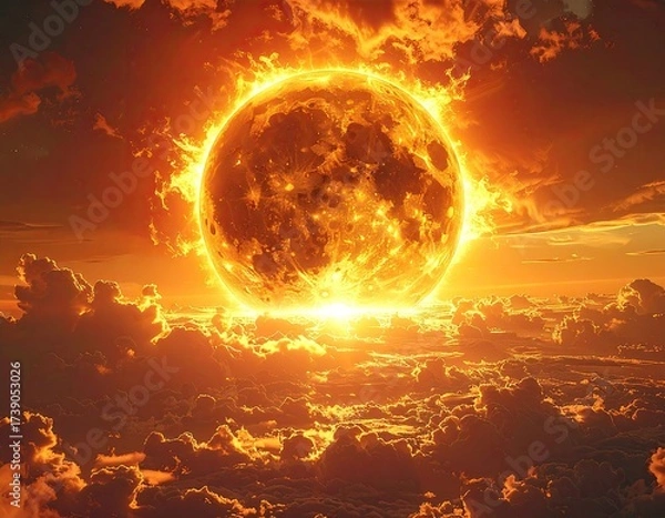 Fototapeta Fiery orb over clouds