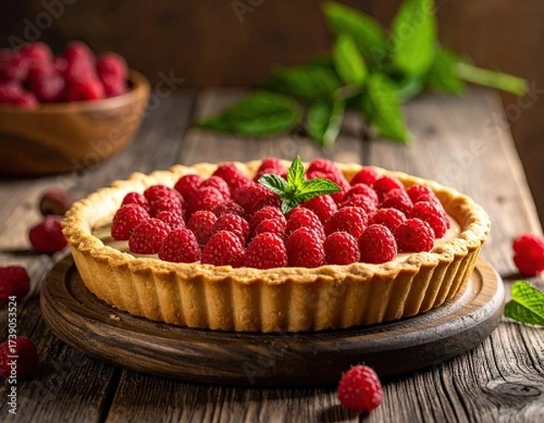 Fototapeta Raspberry tart on wooden board