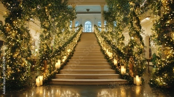 Fototapeta Elegant Staircase in Luxurious Hotel Lobby Decorated with Christmas Tree and Warm Lights