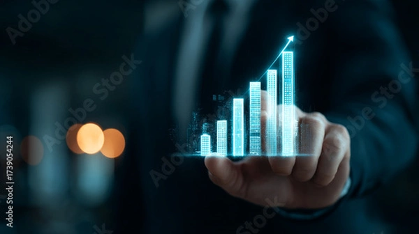 Fototapeta A hand interacting with a holographic graph showing upward growth