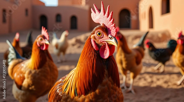 Fototapeta Vibrant Rooster Among Chickens in Rustic Farmyard Setting Under Soft Morning Light