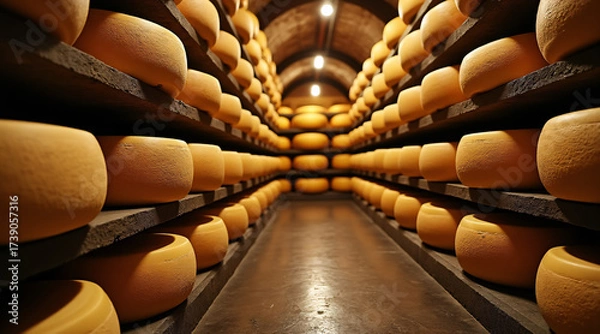 Fototapeta Cheese Storage Room with Racks of Yellow Cheese Wheels in a Vintage Cellar Setting