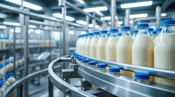 Fototapeta Fresh Milk Bottles on Production Line in Modern Dairy Processing Facility