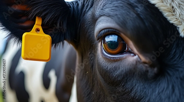 Fototapeta Close-Up of Brown and White Cow with Yellow Ear Tag in Farm Setting