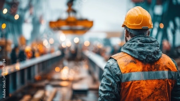 Fototapeta Construction worker supervising standard placement construction site photography urban environment overhead view construction management