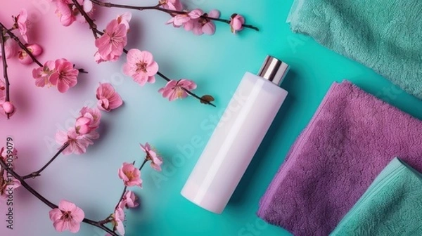 Fototapeta Elegant White Cosmetic Bottle Surrounded by Pink Cherry Blossom Branch and Colorful Towels in Spa Setting