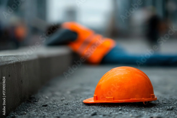 Fototapeta Orange safety helmet lies on the ground at a construction site with a blurred worker in an orange vest resting against a concrete barrier in the background