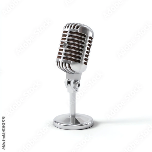 Fototapeta A vintage-style silver microphone with a metal mesh grille on a stand, isolated on a white background, showcasing a classic design for audio recording or broadcasting