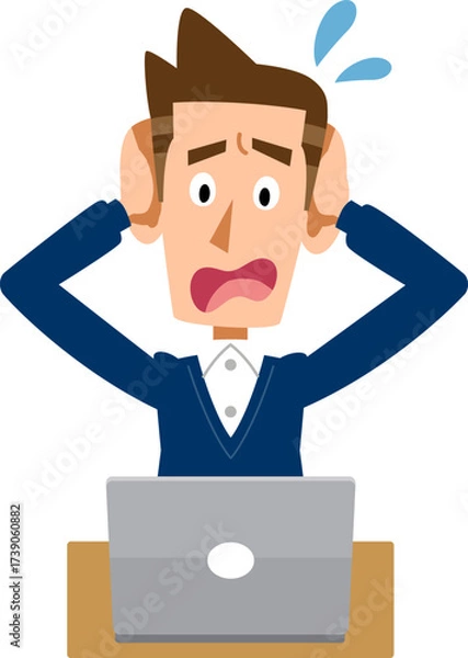 Obraz ノートパソンのトラブルに頭を抱える男性
