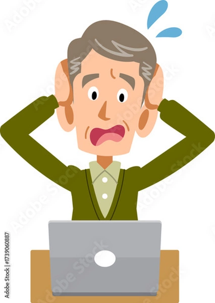Obraz ノートパソンのトラブルに頭を抱える年配の男性
