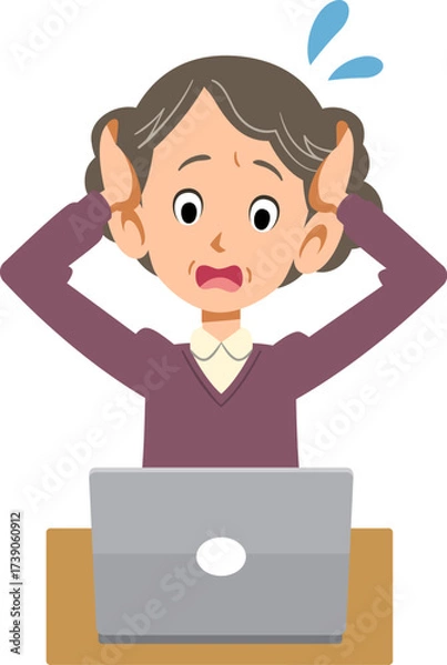 Obraz ノートパソンのトラブルに頭を抱える年配の女性
