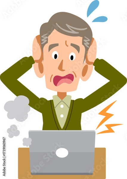 Obraz ノートパソンの故障に頭を抱える年配の男性
