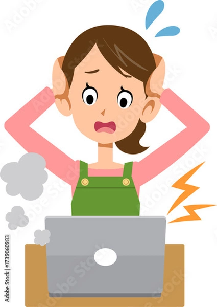 Obraz ノートパソンの故障に頭を抱えるエプロンをつけた女性

