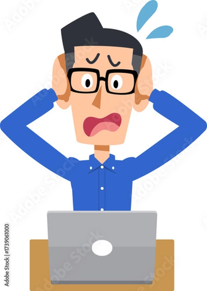 Obraz ノートパソンのトラブルに頭を抱えるメガネをかけた男性
