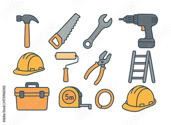 Fototapeta Set of construction tools icons featuring helmet, hammer, saw, drill, and ladder
