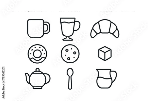 Fototapeta Minimalist icons of breakfast items with tea and coffee