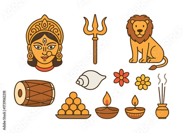Fototapeta Hindu symbols: goddess, trident, lion, drum, shell, flowers, lamps, incense, pot