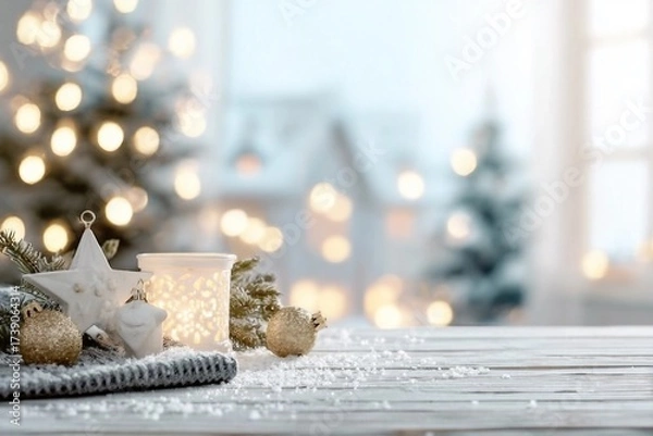 Fototapeta Cozy Christmas table top with decorations and snow on blur abstract holiday background