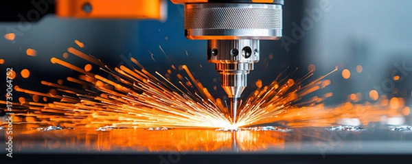 Fototapeta Laser cutting metal sparks precision industrial workshop machinery technology dynamic burst of sparks laser cutting, metal precision industrial