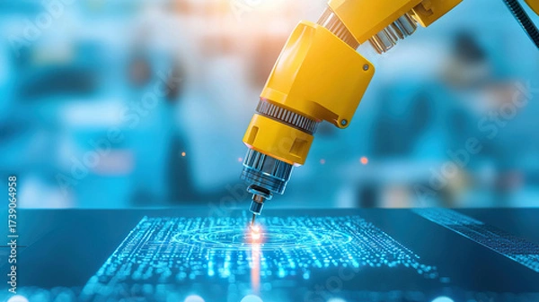 Fototapeta Robotic arm automation cnc machine factory industry precision technology with glowing digital circuit pattern evokes futuristic focus