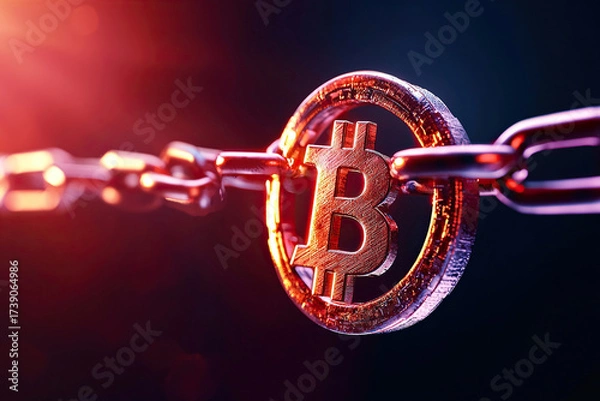 Fototapeta Blockchain crypto currency digital chain finance technology network bitcoin symbol glows with red light on metal chain, secure and futuristic vibe