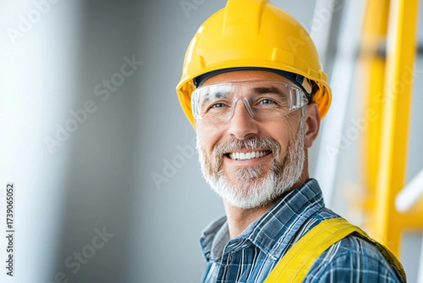 Fototapeta Smiling electrician safety helmet protective glasses gray beard plaid shirt yellow vest ladder construction site professional confident worker