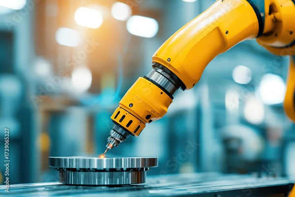 Fototapeta Robot arm industrial robot automation precision calibration laser metal factory production assembly Robotic arm performing precision calibration