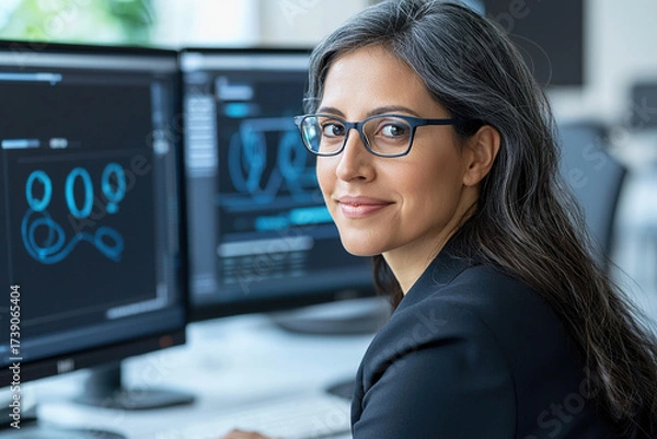 Fototapeta Female engineer computer office monitor glasses coding software technology professional workflow