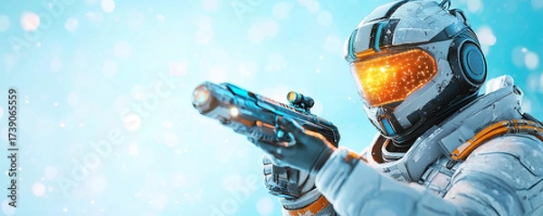 Fototapeta Sci fi soldier exosuit plasma rifle futuristic armor cyber visor glowing helmet winter snow dynamic action tense