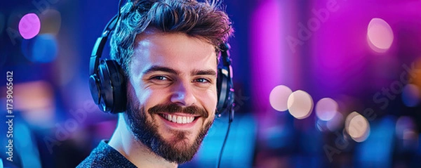 Fototapeta Smiling audio engineer with headphones in neon studio, bearded man portrait, vibrant bokeh background, creative mood, closeup lighting
