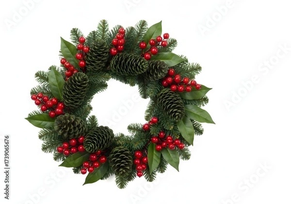 Fototapeta Festive Christmas wreath adorned with green pine branches, red berries, and natural pine cones on a white background.