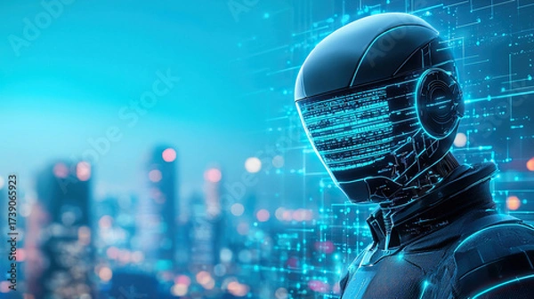 Fototapeta Futuristic cybernetic warrior neon helmet visor city night blue digital armor glow confident and intense mood in high tech skyline scene