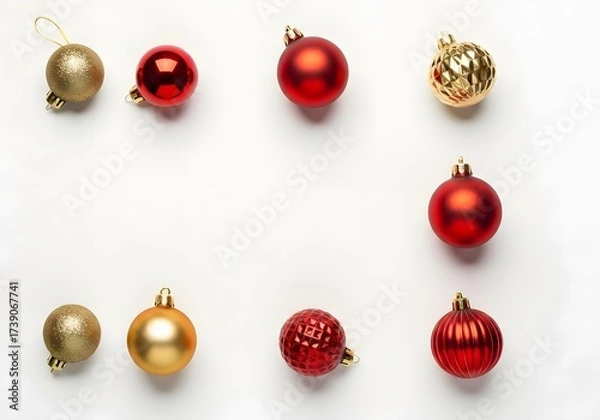Fototapeta A collection of red and gold Christmas ornaments, some shiny and some textured, arranged on a clean white background, creating a festive border.
