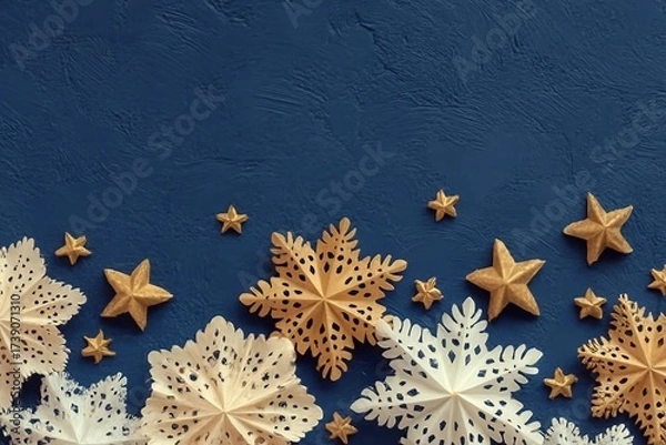 Fototapeta decoration on the blue vintage background. Paper snowflakes and golden stars. New year greeting card template. Holiday mock up. Scandinavian style.