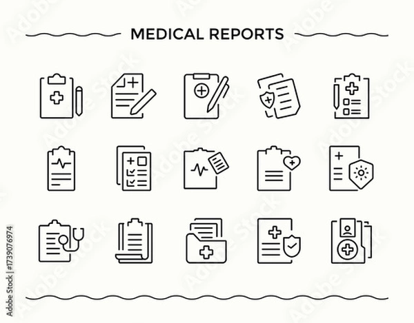 Fototapeta medical reports vector icon set. Contain linear symbols clipboard, document, note, hand, form, report, paper and more. Minimal icons collection. Editable vector. Pixel perfect. Clipboard icon set.