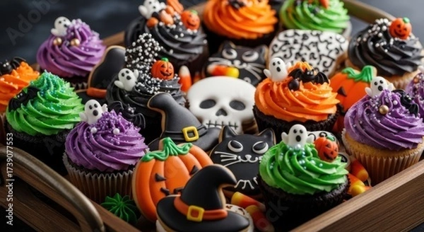 Fototapeta Halloween themed cakes and cookies decorated with icing and cream for a kids party