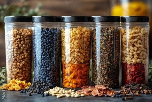 Fototapeta Assorted dried fruits spices displayed in transparent jars with colorful textures variety of ingredients healthy lifestyle natural kitchen storage