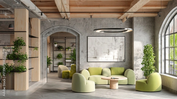 Fototapeta Modern lounge area with greenery and cozy seating in an urban space during daylight
