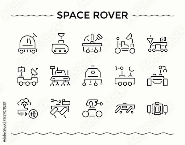Fototapeta space rover icon set. Thin UI icons. Contain linear sign system, mission, surface, ship, exploration, lunar, mars. Editable stroke vector art. Exploration icon collection.