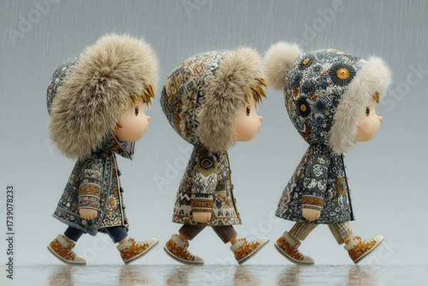 Fototapeta Children walking together in colorful rain jackets during a light rainfall in a playful outdoor setting