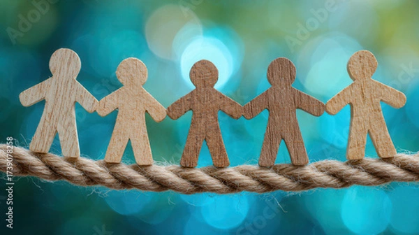 Fototapeta Wooden figures holding hands on a rope above a blurred blue background in a creative display of unity and connection