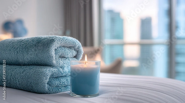 Fototapeta Relaxing spa setup with soft towels and a soothing candle in a bright room during morning light