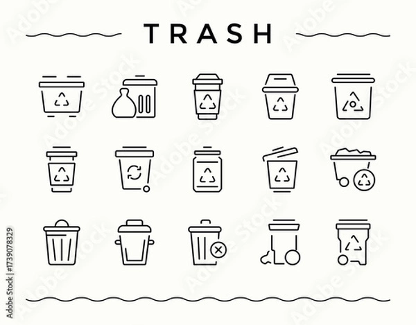 Fototapeta Trash icon set. Contains such symbols as dustbin, bin, pollution, recycling, dump, junk and more. Bin modern icon set. Outline symbol collection. Editable stroke collections.