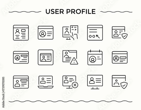 Fototapeta User Profile vector icon set. Outline icons collection. Contain linear symbols user, avatar, id, cv, identification. Editable stroke. Vector illustration. Avatar vector icon set.