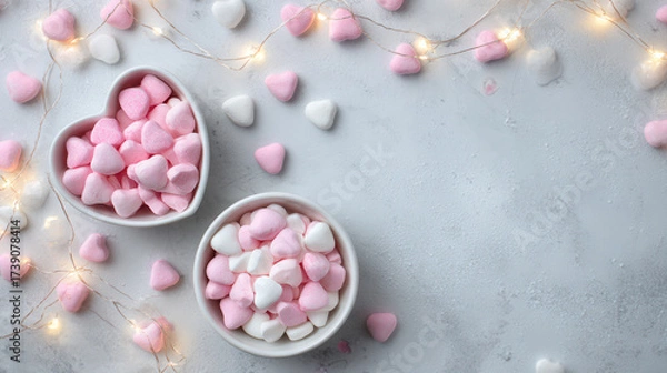 Fototapeta Heart-shaped candies and fairy lights create a sweet and festive atmosphere for a romantic celebration or gathering in a cozy setting