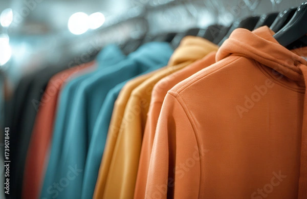 Fototapeta Colorful hoodies hanging in a retail store, showcasing fashion and style choices for shoppers