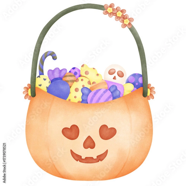 Obraz Pumpkin basket cute filled with colorful candies and treats.