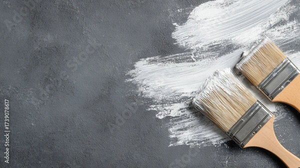 Fototapeta White paint strokes on a dark surface with paintbrushes lying beside them