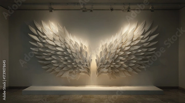 Fototapeta Art installation featuring large leaf-shaped wings in a gallery setting with soft lighting