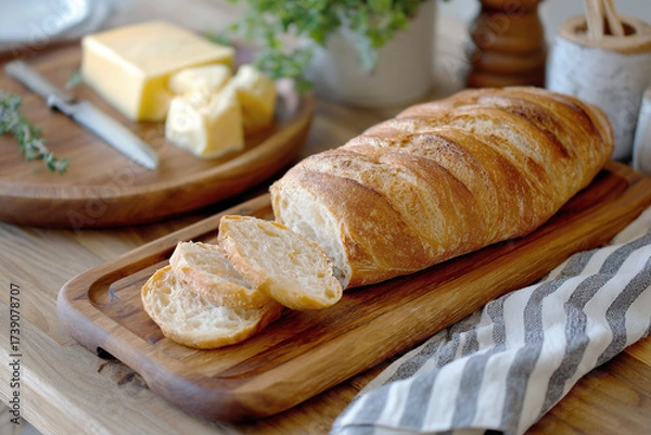 Fototapeta Freshly baked bread loaf with butter on wooden table